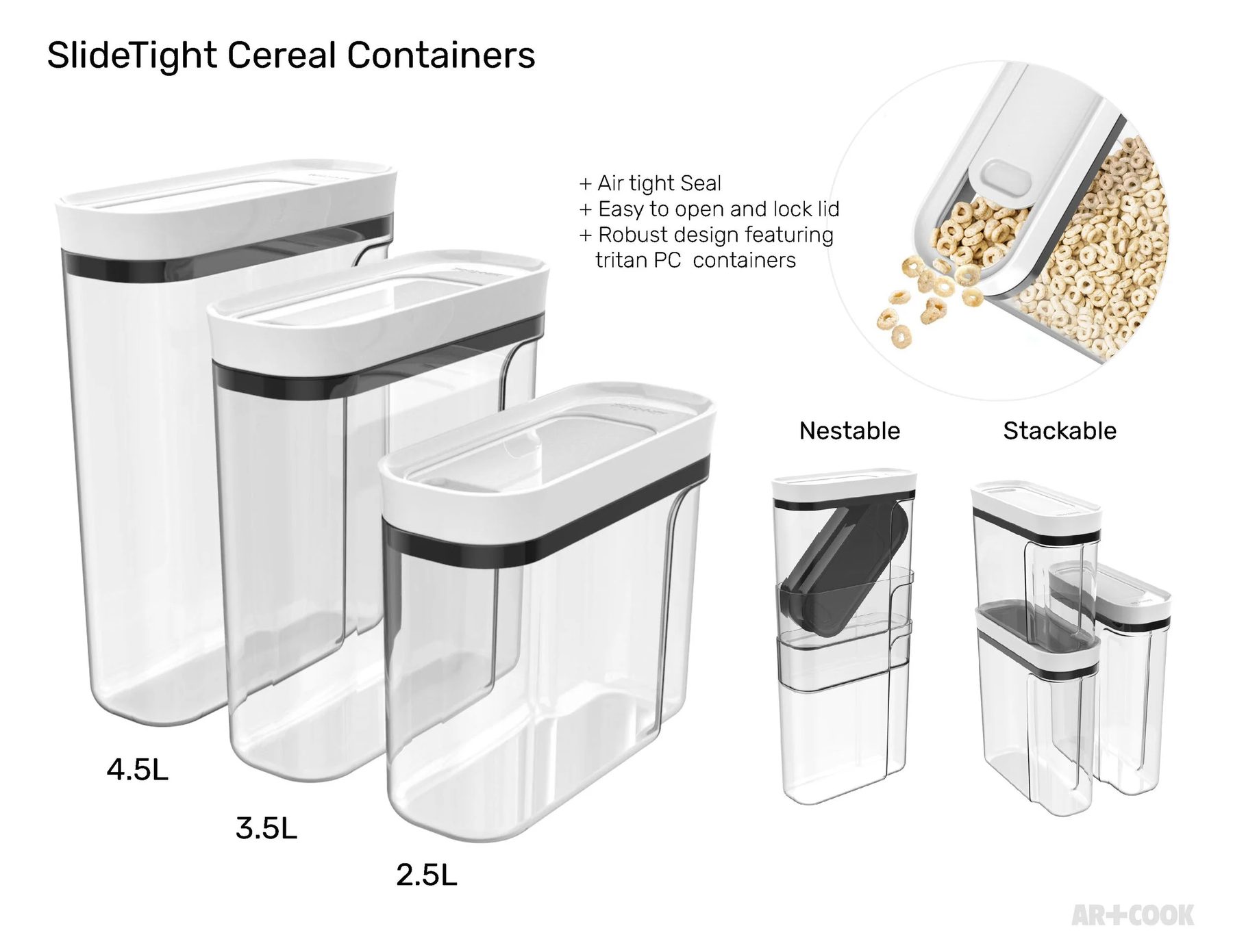 Art+Cook SlideTight Cereal Containers — sizing and feature specification