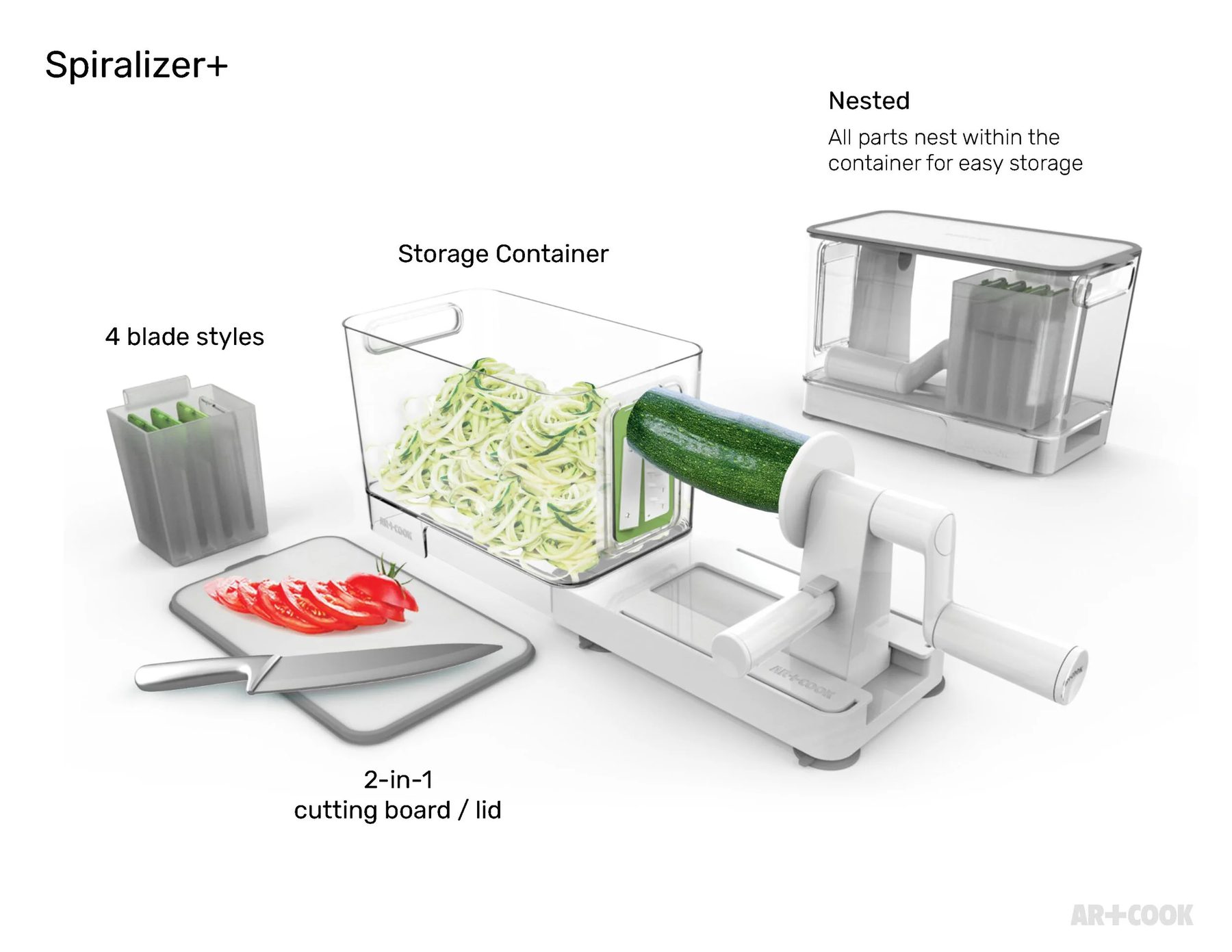 Art+Cook Spiralizer+ — storage container, blade set, and 2-in-1 cutting board lid