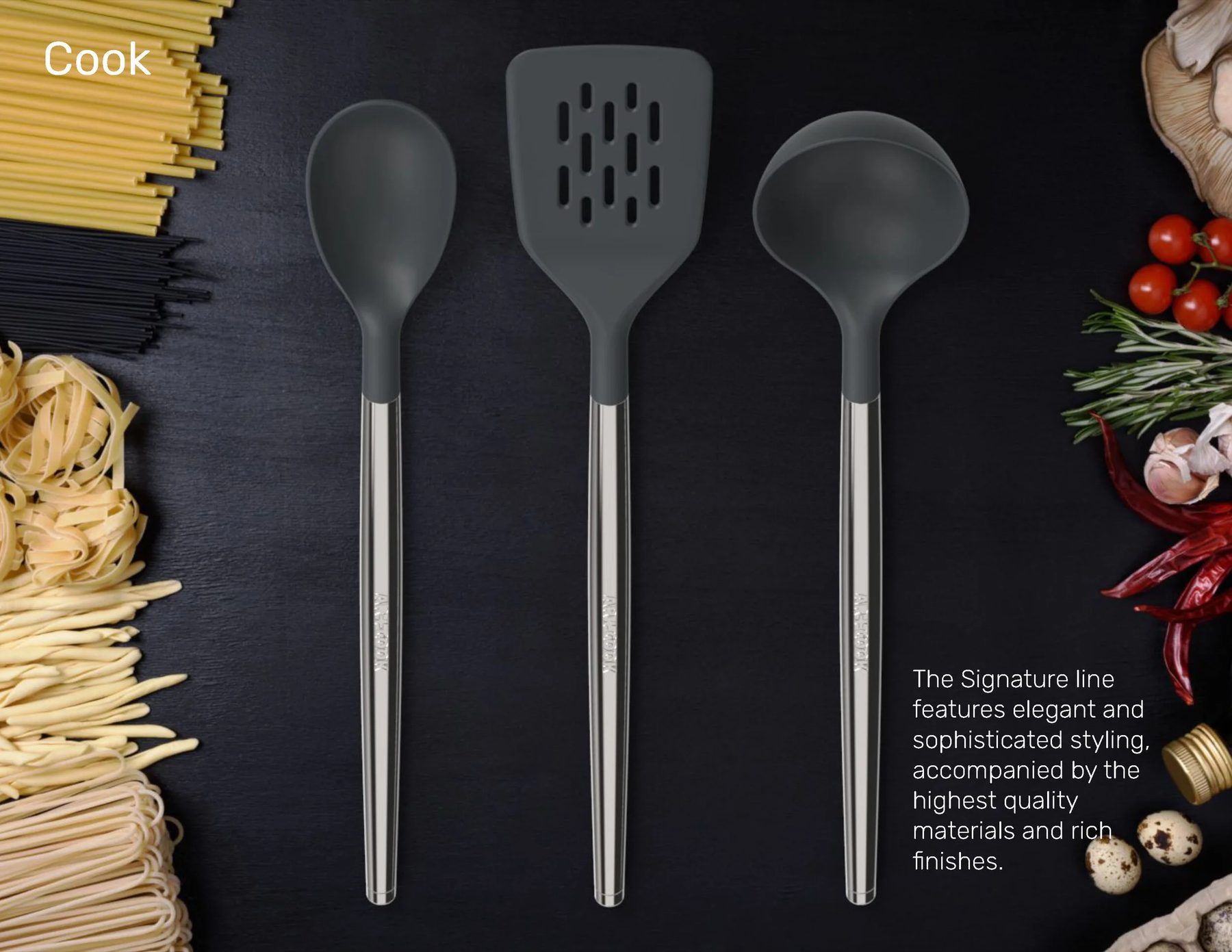 Art+Cook Signature Utensils — spoon, slotted turner, and ladle in use